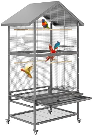 PortoAlegre Grande cage à oiseaux, perroquet, en forme de toit en métal, avec 4 roulettes silencieuses verrouillables, plateau amovible et mangeoire, facile à nettoyer, 80 x 60 x 167 cm