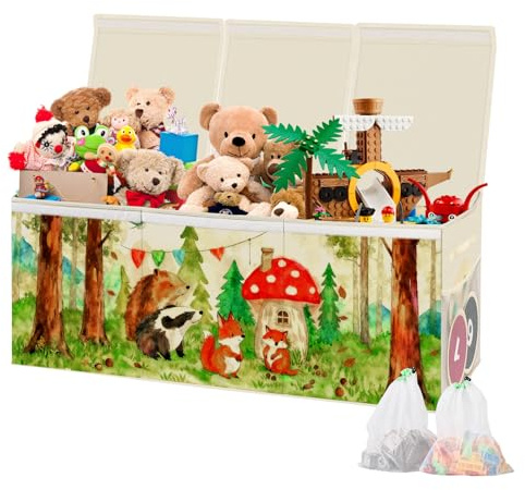 KitchenRaku KR Toy Box Storage with Lid, Kids' Toy Chests & Boxes, Foldable Soft Toys Storage Organiser 99x34x39cm Extra Large Toy Bins Nursery Playroom Bedroom (Off-white)