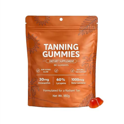 Gomitas de bronceado para la piel, gomitas de bronceado rápido sin sol, astaxantina, betacaroteno y licopeno, 60 unidades, veganas y sin azúcar para adultos