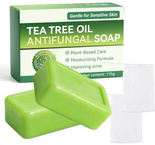 XAVURO Lot de 2 Savons Antifongiques à l'Huile Essentielle de Tea Tree – Traite Mycoses du Pied, Odeurs & Démangeaisons – Savon Main & Corps Antibactérien – Purifie Peau Acnéique & Folliculiteg