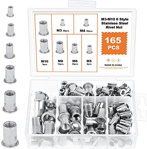 HSEAMALL 165 UNIDS Tuercas Remachables remache rosca de acero inoxidable herramienta plana remache roscado Nutsert Cap Surtido kit M3 M4 M5 M6 M8 tipos M10 (6 Types 165PCS)