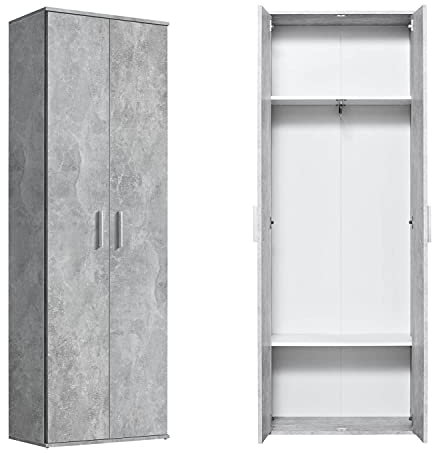 mokebo® Garderobenschrank 60cm Breite aus Holz 'Der Lange', Flurschrank oder Schuhschrank mit Kleiderstange in 60x180x34 cm (B/H/T), auch als schmaler Aufbewahrungsschrank in Betonoptik, Grau