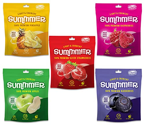 SUMMMER Välsmakande Frystorkad Frukt och Bär (57g) - 5 Mellanmålspåsar - Jordgubbar, Hallon, Ananas, Blåbär och Äpplen - Inget Tillsatt Socker, 100% Naturligt Frystorkat Fruktmall för Barn och Vuxna