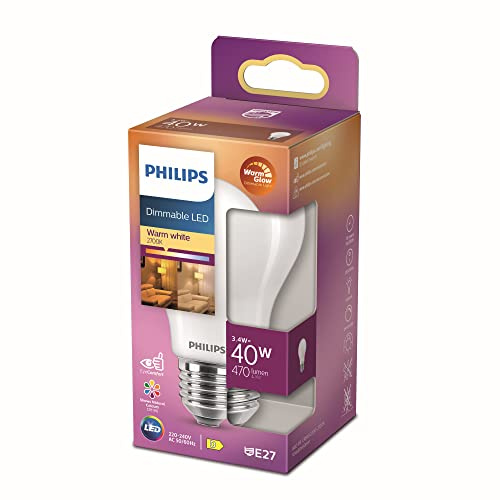 Philips LED Classic E27 WarmGlow Lampe, 40 W, Tropfenform, dimmbar, matt, warmweiß, Weiß