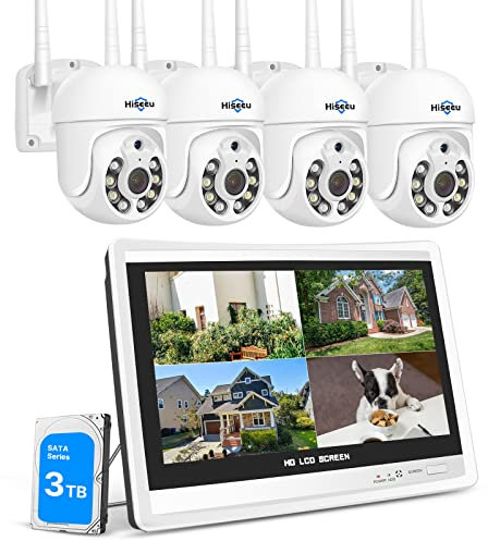 Hiseeu 【PTZ+3TB HDD】 5MP PTZ Kit Caméra de Surveillance WiFi avec 12 Moniteur 10CH 3To HDD NVR 4 PTZ Caméras Kit Vidéo Surveillance WiFi,Vision Nocturne Couleur,Détection de Mouvement,Audio 2 Voies