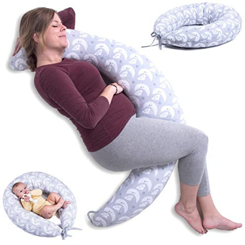ZK ZuresKa Cojin de Lactancia y Almohada Embarazada XXL (2 Metros). Cojín Lactancia Bebe con Funda Desenfundable y Lavable. Multiusos Maternidad. (1, Gris_Lunas, XXL)