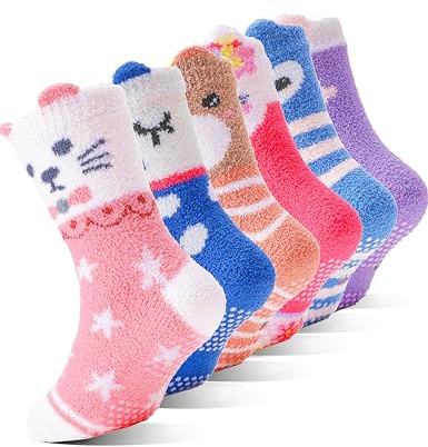 EBMORE Chaussettes antidérapantes pour enfants, douillettes pour filles, épaisses, d'hiver chaudes et antidérapantes, chaussettes moelleuses, cadeaux, 6 paires (Animaux, 4-7 ans)