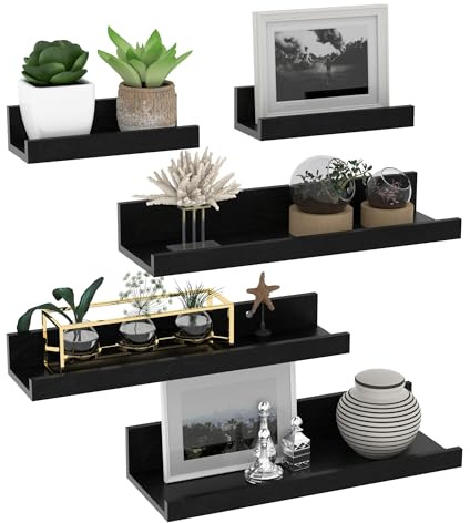 Giftgarden Lot de 5 Étagères Murales en Bois Rustique, Étagères Flottante Murale Noir pour Salon, Chambre et Bureau - 40cm