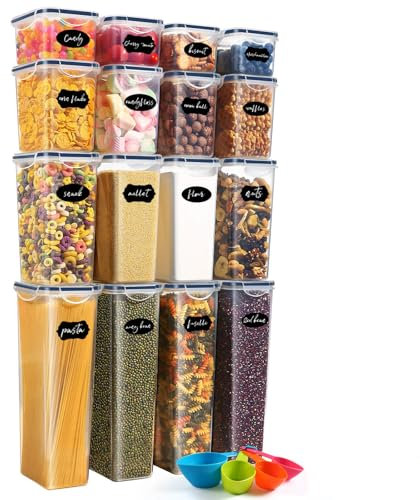 YASHE Airtight Food Storage Containers Set of 16, Plastic Cereal Storage Containers with Lids, BPA Free Kitchen and Pantry Organization for Dry Food, Pasta, Flour & Sugar, with Labels & Marker