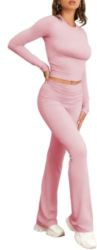 Famulily Women's Casual Suit 2-piece Set Fold-over Flare Pants and Outfit Basic Long Sleeve Crop Top Pink L