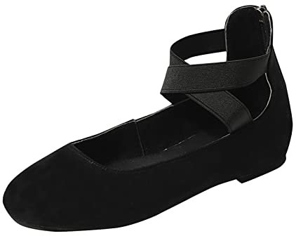 Dancing Shoes Women, Flat Sandals Fashion Elastic Ankle Straps Cross Strap Round Toe Comfy Ballet Pumps Dolly Shoes Lightweight Anti-Slip Yoga Ballroom Evening Party Ballerina Flat Black