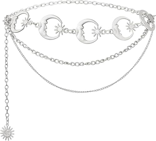 Jean Chain, Fashion Multilayer Chain Metal Belly Chain Belt, Moon Star Belt Chain Waist Chain Belt for Women Adjustable Belt Sun Body Chain Belts Girls Goth Belt Vintage Women's Belts Jewelry