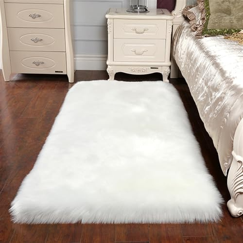 BESTORI Tapis Salon à Poils Longs Antidérapant Tapis de Chambre Doux Shaggy Tapis en Fausse Fourrure pour la décoration de la Maison 60 x 120 cm, Blanc