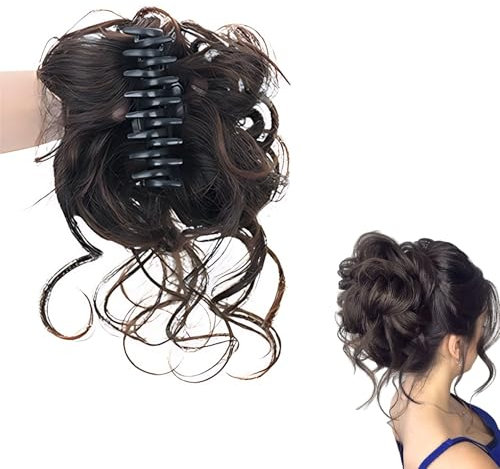 Haarteil mit Klammer, Voluminös Curly Haarteil Zopf, Lockige Dutt Claw Clip, Voluminös Haarteils Krallen Clip, Haarverlängerung Dutt Haarschmuck Dutt für Frauen Mädchen(Braun Schwarz)