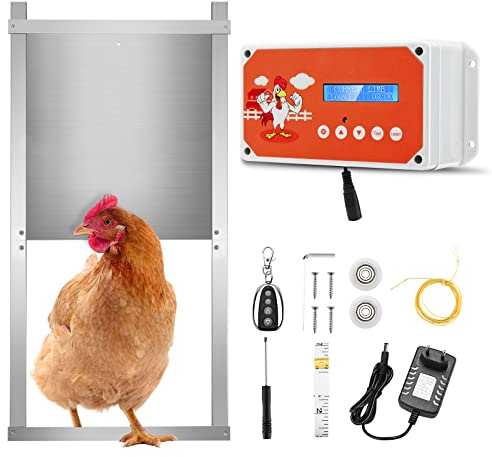 Jradse Puerta Automática para Gallinero con Temporizador & Mando a Distancia, Sistema Abrepuertas para Aves IP65 Impermeable con Puerta de Aluminio para Gallinas, Patos, Pájaros