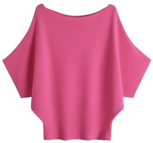 SUNSESS Batwing Sleeve Jumper for Women Boat Neck Knit Pullover Sweaters | One Size Loose Fit Dolman Ribbed Off Shoulder Warm Casual Tops for Ladies