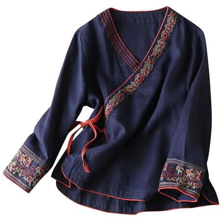 Navy Tops for Women UK V Neck Linen Shirts Long Sleeve Embroidered Ethnic Blouses Summer 3/4 Sleeve Bohemian Tees Dressy Casual Boho Top Cotton Linen Plain Tops Meditate Going Out XL