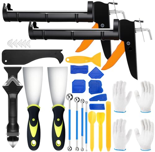 Hillsuren 2 Pcs Professional Caulk Gun Kit with Caulk Remover Tool and Putty Knife Caulking Sealant Finishing Tool Set for Caulking Removal Shower Bathroom Sealant Tools Grout Scraper for Kitchen