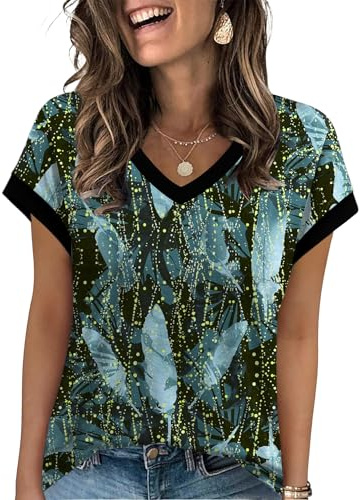 WIHOLL Womens Summer Tops Ladies V Neck T Shirts for Women UK Casual Short Sleeve Fashion Dressy Tunic Size 22-24 Firefly Print