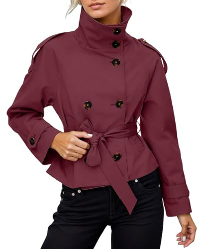Generisch Trench corto da donna, tinta unita, cappotto corto, per transizione, elegante, con cintura, colletto alto, giacca a vento, leggera, casual, con bottoni, giacca invernale