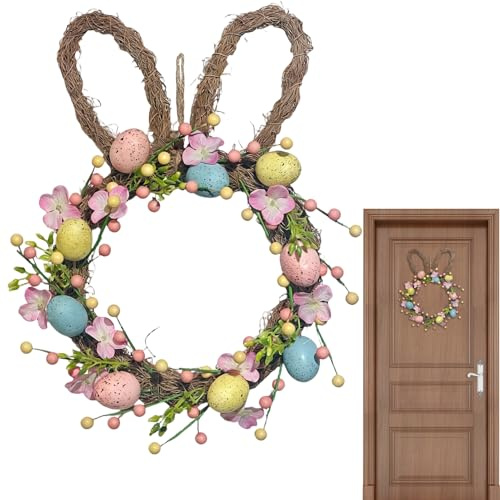 Ghirlanda Pasquale Con Coniglietto - Decorazioni Primaverili Colorate Per Uova, Decorazioni Natalizie In Rattan Intrecciato | Decorazione Rustica Per Porta Della Fattoria Decorazione Per Festival