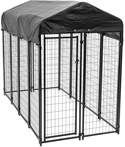 Lucky Dog 8' x 4' x 6' Large Outdoor Steel Frame Kennel and Playpen Enclosure with Black Canopy, Uptown Series - Heavy-Duty Pet Shed for Home and Yard - Protection from Sun, Snow, and Rain