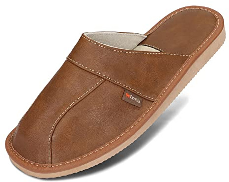 BeComfy Zapatillas de Estar por casa de Cuero para Hombre Negro Marrón Gris Tamaños 40-46 (40 EU, Marrón)