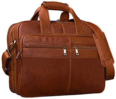 STILORD 'Alexander' Lehrertasche Herren Leder Vintage Aktentasche Laptoptasche Bürotasche Businesstasche groß XXL Umhängetasche mit Dreifachtrenner, Farbe:cognac - braun