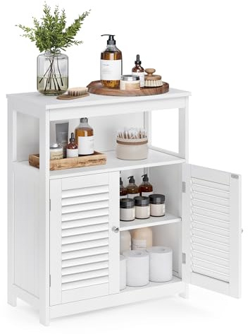 VASAGLE Bathroom Floor Cabinet, Bathroom Storage Cabinet, Freestanding, with Double Shutter Doors and Adjustable Shelf, for Living room, Entryway, Kitchen, White UBBC40WTV1