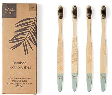 Wild & Stone | Organic Bamboo Toothbrush | Four Different Pattens | Dupont Fibre Bristles | 100% Biodegradable Handle | Vegan Eco Friendly Bamboo Toothbrushes (Medium)