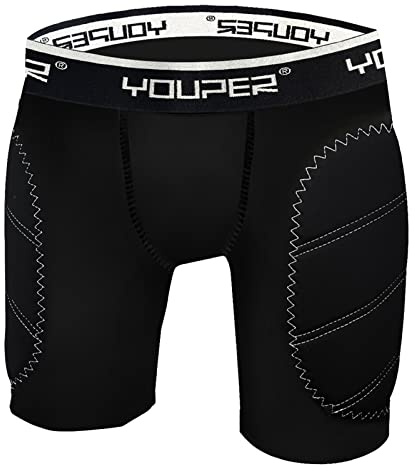 Youper Boys Youth Padded Sliding Shorts with Cup Pocket for Baseball, Football, Lacrosse (Black White, Large)