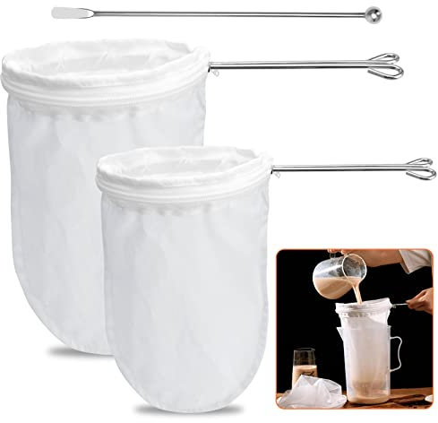 2 Pcs Etamine Alimentaire, Kit de Sac de Filtre Alimentaire de 2 Style Différent et un Bâton de Mélange, Mousseline Alimentaire pour Vin, Lait de Noix, Jus de Fruits, Jus de Légumes