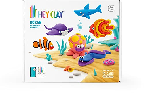 Hey Clay Ocean, pasta modellabile set di base Oceano. Argilla per Bambini in confezione da 6 soggetti con 15 colori, 6 pesci con 2 utensili, Atossica