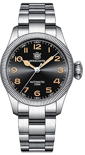Burnside Steeldive SD1906, bisel de moneda tallada piloto, NH35, zafiro, lume, pulsera, BNIB, negro, pulsera