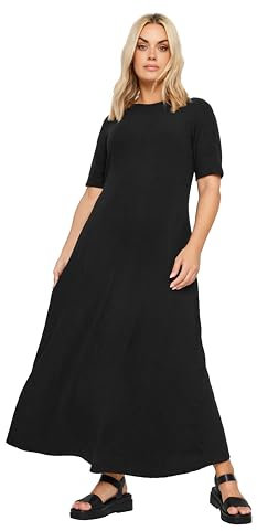Yours Curve Maxi Full Length Jersey Stretch Swing Style Short Sleeve Scoop Neck Ribbed Textured Dress - Women's - Plus Size Black 26-28
