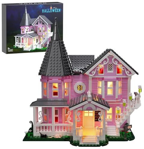 Pink Palace House Building Set with Lights, Halloween Haunted House Blocks Toy, Halloween House Kit for Kids Adults, Compatible with Lego, Christmas for Girls and Boys, Aged 8+ (1349PCS)