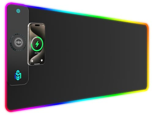 RGB Gaming Mauspad 15W Qi Mousepad LED 900x400x4mm 10 Beleuchtungsmodi mit 10W Schnellladung Qi Kabelloses Laden für I-Phone 13/13 Pro Handy, Kopfhörer, Wasserdicht, Rutschfest (Schwarz-Max)