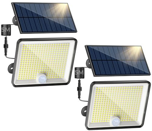 Peasur Lot de 2 lampes solaires d'extérieur avec détecteur de mouvement - 348 LED - Étanche IP65 - 3 modes - Câble de 5 m