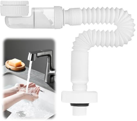 DASIAUTOEM 1 1/4 Zoll Siphon, Raumsparsiphon, Einstellbarer Siphon Waschbecken, Flexibles Ablaufschlauch, Geruchsdichter Flexibler Siphon, Austauschbarer Abwasserrohr (Weiß)