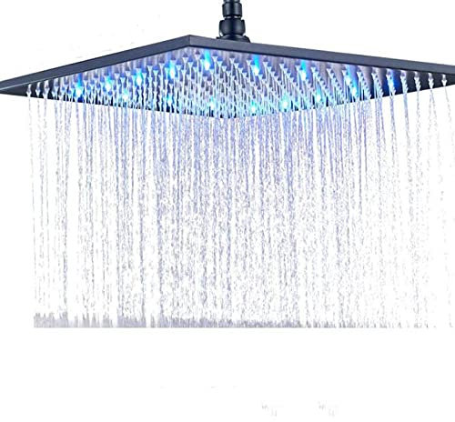 Large Square Black Rainfall Shower Head with Color Changing LED Light Modern Brass Showerhead in Black Bronze Finish