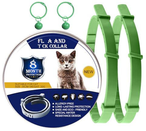 DOINEUFL 2 Pack Collar for Cats, Cat Collar to Prevent Infections, 15in Safe Waterproof Adjustable Cat Collars with Bell, Age over 7 Weeks, Contains Natural Essential Oils (Green)