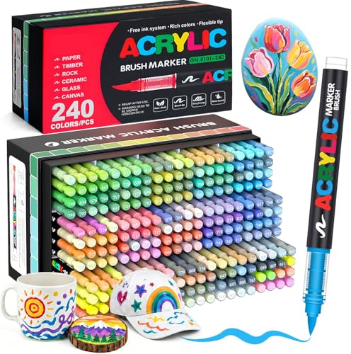 Melifluo 240 Rotuladores Acrílicos Punta Pincel - Marcadores Permanentes para Piedras, Tela, Vidrio, Madera, Cerámica, Lienzo y Papel - Pintura Acrílica de Secado Rápido para Lettering y Manualidades