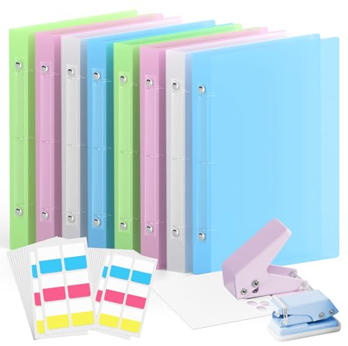 FITHOME 1 Inch Binders 3 Ring - 8 Pack, with 2 Pack Single Hole Punch and 120 Pcs Sticky Index Tabs, Pink White Green Blue One Inch Three Ring Binder for 8.5'' x 11'', Office Teacher School Supplies