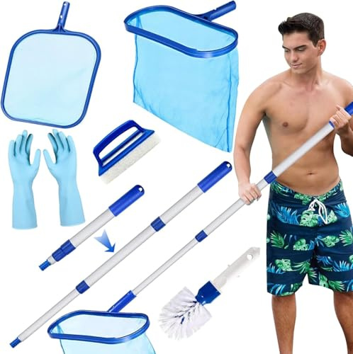 MWZEAUL Kit Pulizia Piscina, Retino Piscina per Pulizia con Manico Telescopico a 3 Sezioni, Rete per Piscina Maglia Fine, Kit Accessori per Piscina per Manutenzione per Piscina, Laghetto, Spa, Fontana