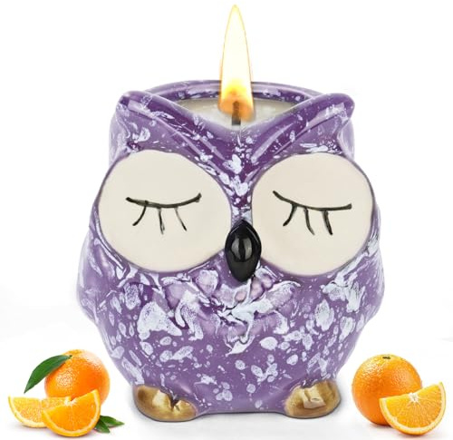 Alaoo Bougie Parfumée Élégante, Violet Bougie Décoration Hibou aux Notes d'Orange Douce jusqu’à 24h de Combustion, Bougies Cadeaux pour femmes Décoration Maison Apaisante（Flamme Apaisante）