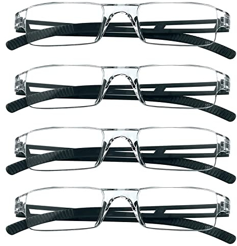 MMOWW 4er Pack randlose Lesebrille für Damen und Herren mit klarer rechteckigem Blaulicht-Blockierbrille (4 Schwarz, 3,0)
