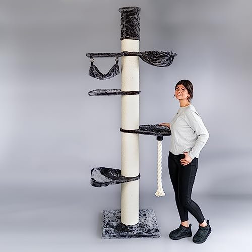 RHRQuality Kratzbaum für große Katzen – Maine Coon Tower Crown – 230 bis 250 cm hoch – Mit extra dicken 20 cm Sisalstämmen – Dunkelgrau