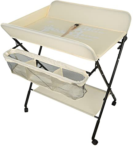 Skötbord, hopfällbart skötbord med förvaringskorg, säkerhetsbälte och 4 hjul med broms, justerbar höjd, giraffmönster (beige)