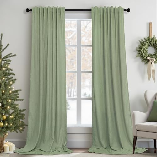 Tende natalizie color verde salvia, lunghe 274 cm, per soggiorno, set di 2 pannelli, con tasca posteriore con passante e asola, in lino e morbido cotone testurizzato color terra, verde chiaro, tende