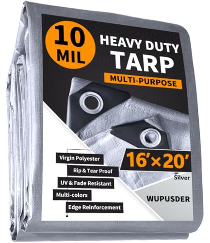 16'x20' Heavy Duty Tarp, 10Mil Silver Waterproof Tarps with Grommets, UV Resistant, Poly Tarpaulin with Reinforced Edges, Cover for Car, Roof, Camping